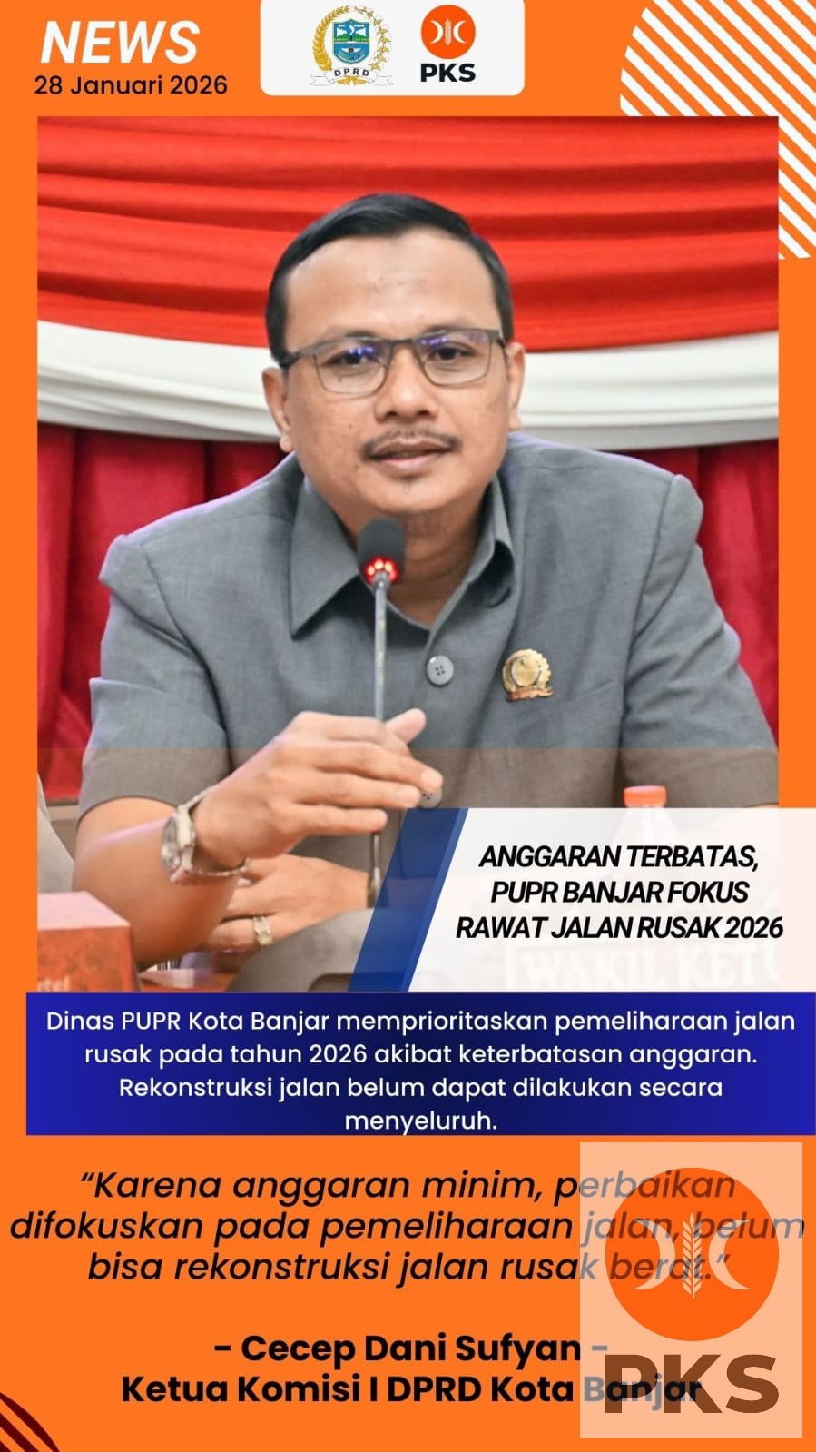 Anggaran Terbatas, Cecep Dani Sufyan Usulkan PUPR Kota Banjar Fokus Pemeliharaan Jalan Rusak pada 2026